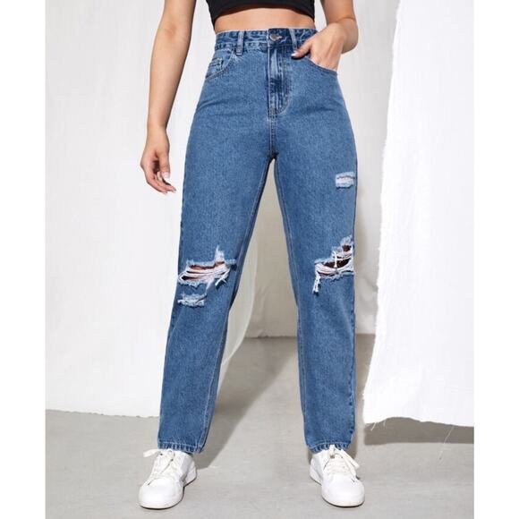 SHEIN High Rise Straight Leg Mom Jeans Ripped Size 28 - Picture 2 of 10